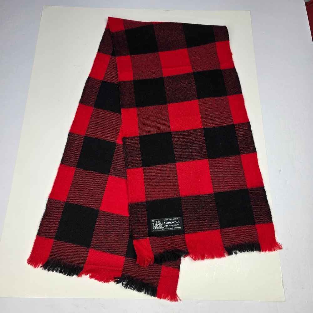 URUGUAY LAMBSWOOL SCARF RED BLACK BUFFALO‎ PLAID FRINGE WARM WINTER ACCESSORY